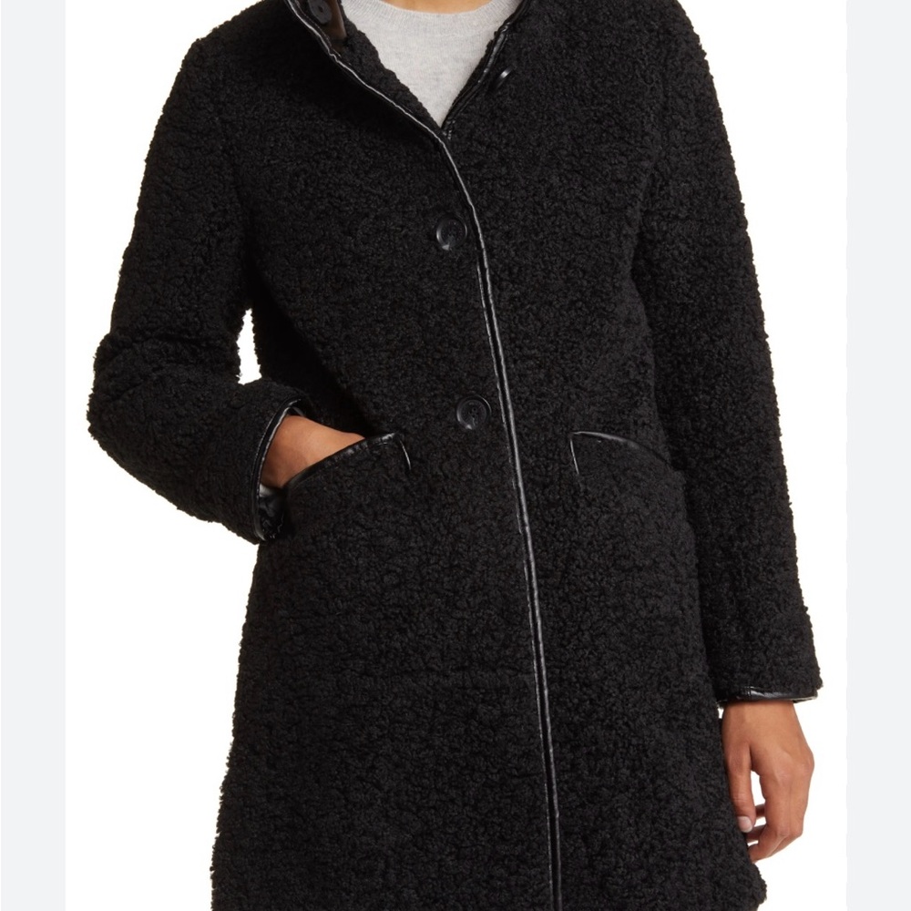 SAM EDELMAN 
Stand Collar Faux Shearling Coat - Black - Picture 2 of 6